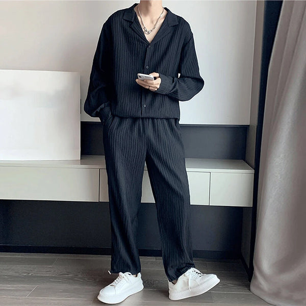 INCERUN Men Sets Solid Color Fashion Lapel Long Sleeve Shirt & Pants 2PCS Pleated Loose Streetwear Men Casual Suits S-5XL