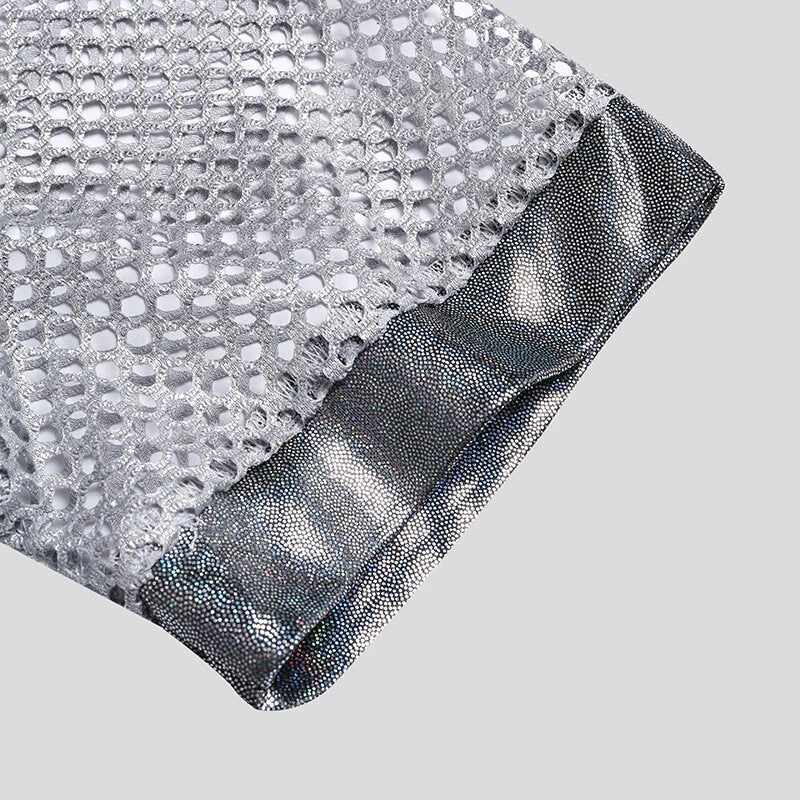 INCERUN Mens Tshirt Fashion Shiny Mesh Patchwork See Through Fishnet Short Sleeve T-Shirt Summer Cool Short Top