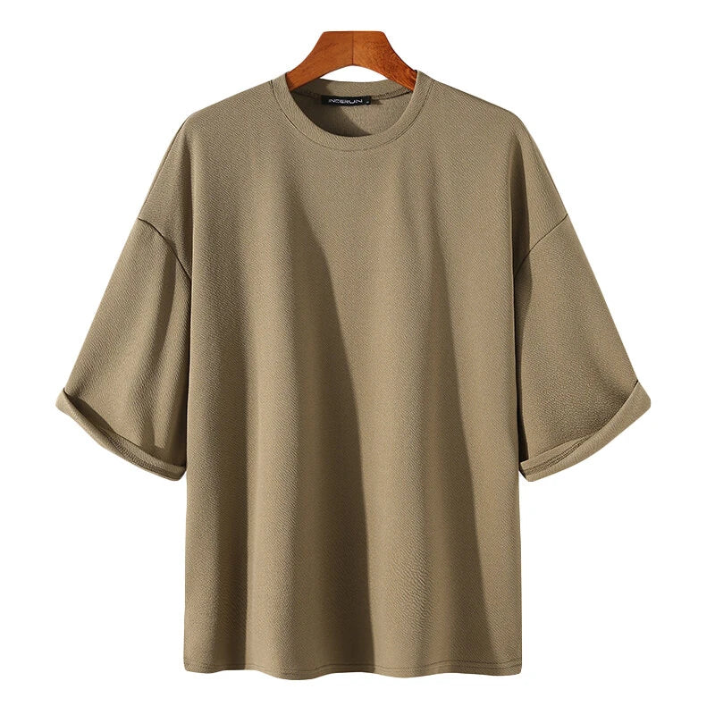 INCERUN Men Tshirts Male Loose Comfy Blouse Streetwear Casual Solid Color T-Shirts Leisure Half Sleeve Round Neck Tee Tops Summer S-3XL