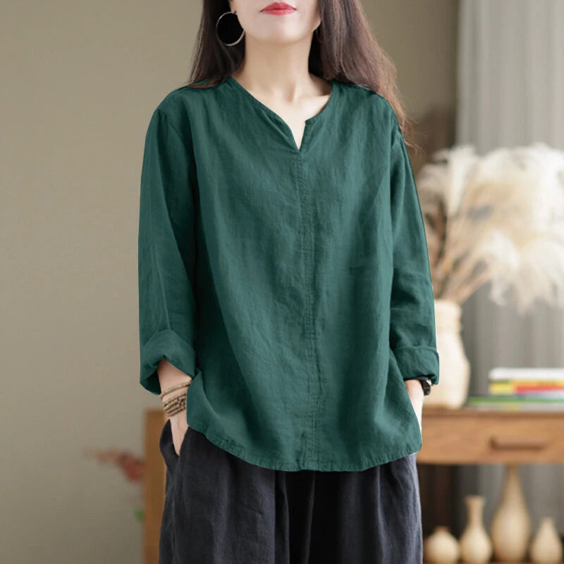 ZANZEA Vintage Women Cotton Blouse V Neck Long Sleeve Tops Retro Solid Loose Shirt Female Work Tunic Blusas Mujer