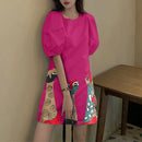 VONDA Women Bubble Short Sleeve Midi Dress Animal Print Cute Crew Neck Beach Dress Plus Size