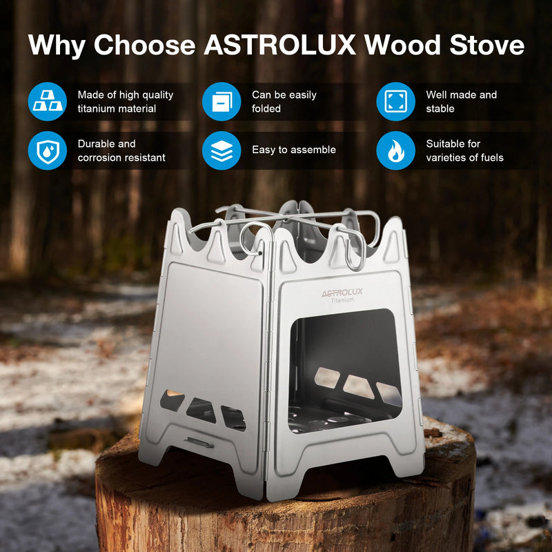 Astrolux Ti-BS1 Titanium Backpacking Stoves Titanium Camping Stove Folding Wood Burning Stove Pocket Stove Portable Lightweight Backpacking Stove for Outdoor Camping Hiking Backpacking Picnic BBQ