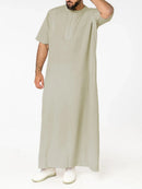 Men Solid  Front Zipper Round Neck Short Sleeve Casual Robe Shirts