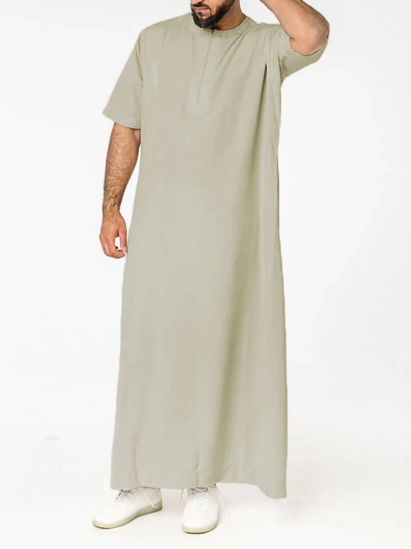 Men Solid  Front Zipper Round Neck Short Sleeve Casual Robe Shirts