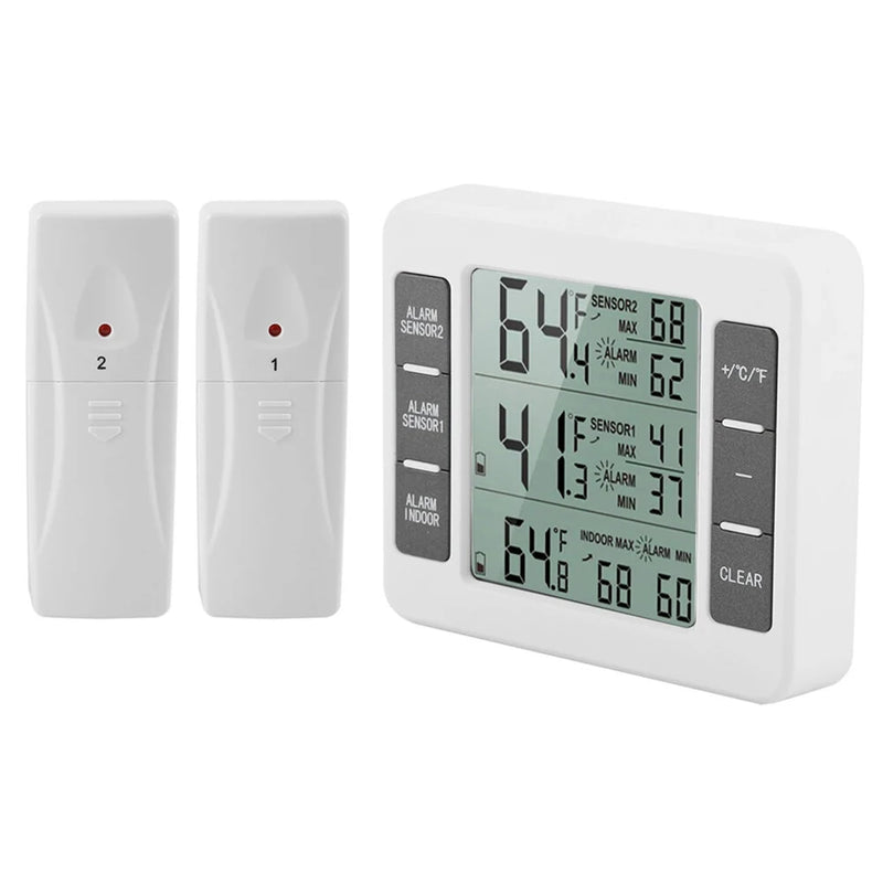 Home Indoor Wireless Digital Audible Alarm Refrigerator Thermometer with 2PCS Sensor Min/Maximum Display