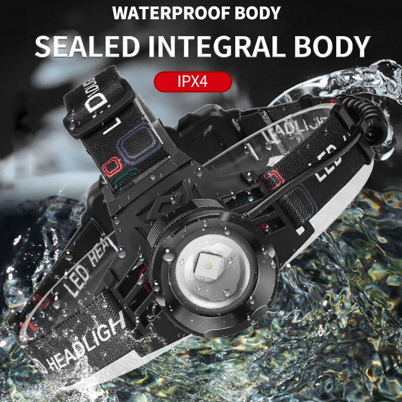 XHP70 30W LED White Blue Yellow Light USB Rechargeable Headlamp Ultra Light Bright LED Headlight Portable Front Head Light Fishing Flashlight with 18650 Battery