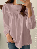 Solid Casual Keyhole Back Long Sleeve Crew Neck Blouse