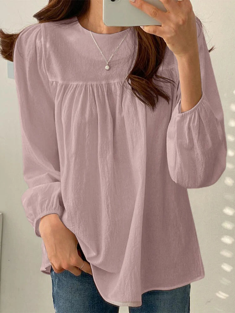Solid Casual Keyhole Back Long Sleeve Crew Neck Blouse