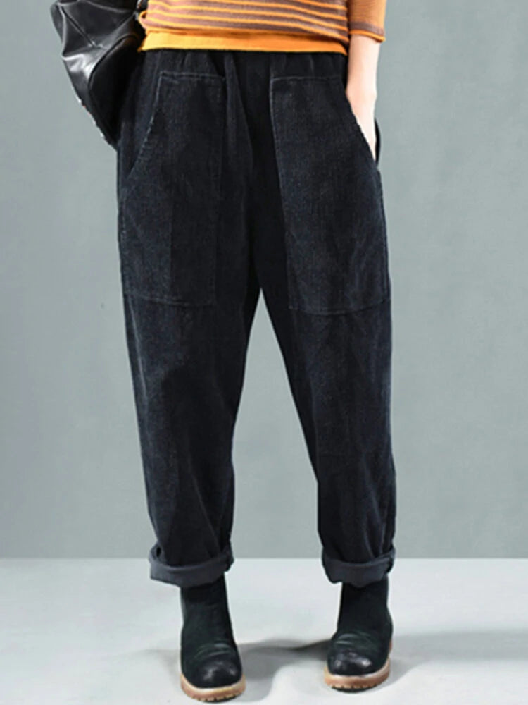 Corduroy Elastic Waist Solid Color Side Pocket Harem Pants