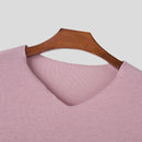 INCERUN Mens Striped V-Neck Long-Sleeve T-Shirt Comftable Solid Color Loose Fit Soft Tshirt Male Plus Size S-5XL