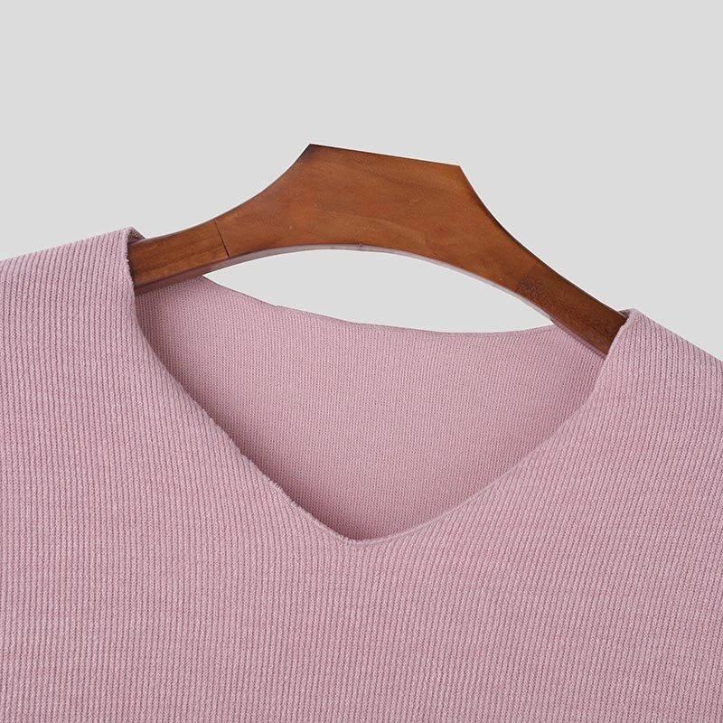 INCERUN Mens Striped V-Neck Long-Sleeve T-Shirt Comftable Solid Color Loose Fit Soft Tshirt Male Plus Size S-5XL