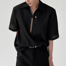 INCERUN Mens Shirt Solid Color Slightly Transparent Lapel Shirt Casual Short Sleeve Breathable Top Summer Daily Male Clothing