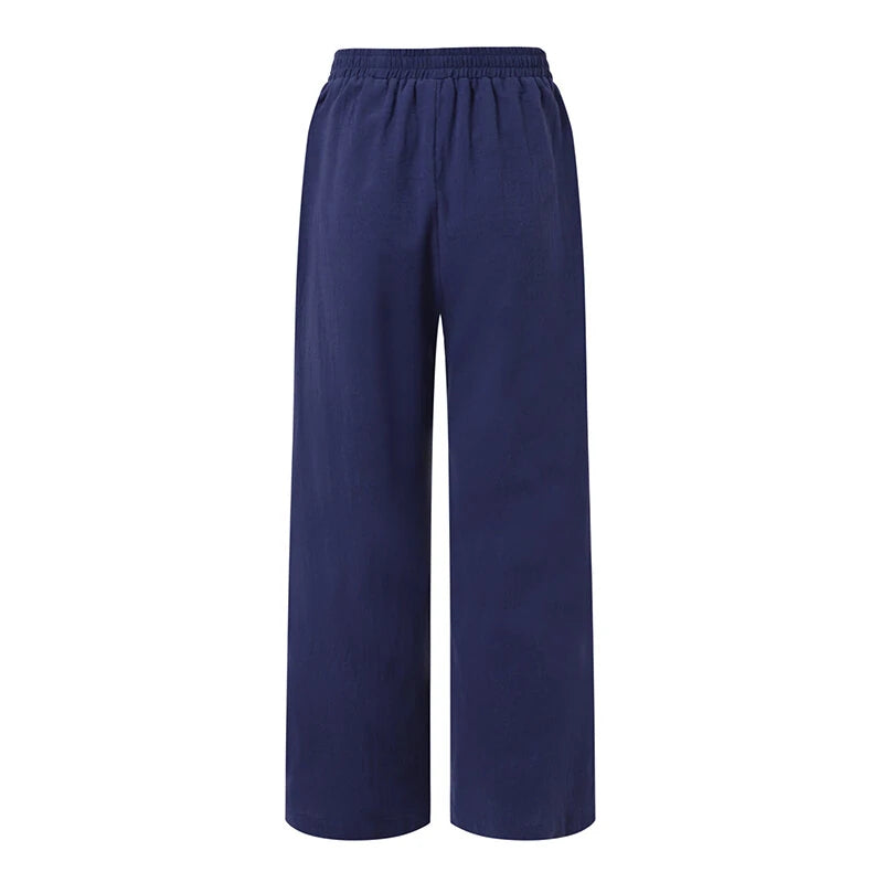 ZANZEA Women Cotton Elastic Waist Solid Color Long Pants Casual Loose Straight Trousers