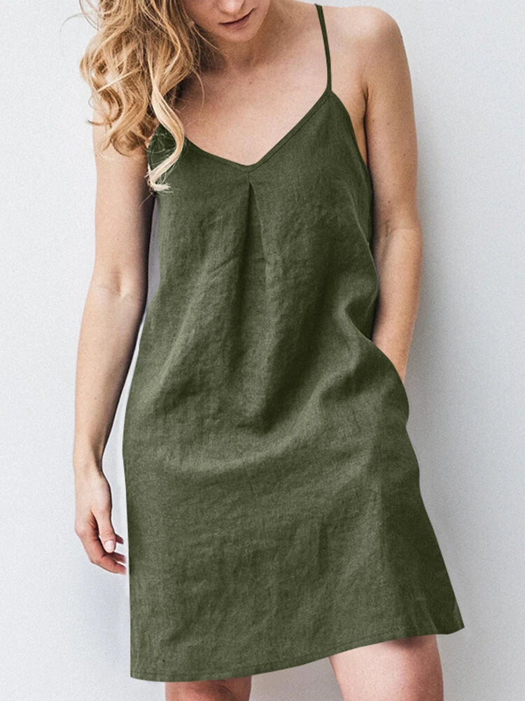 ZANZEA Solid Pocket Spaghetti Strap Backless Dress For Women