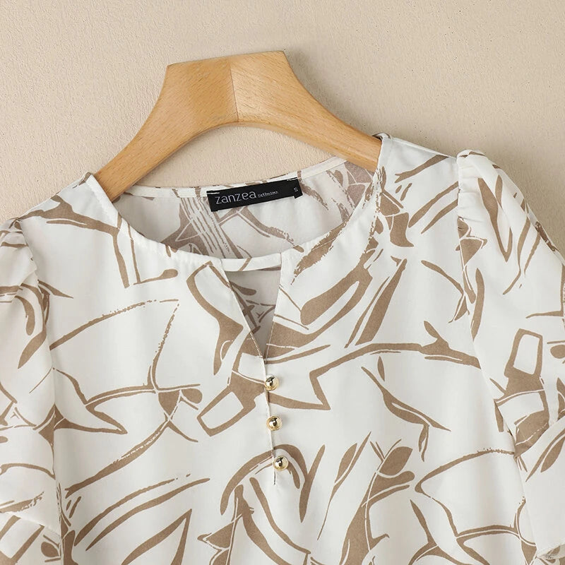 ZANZEA Women's Summer Elegant Print Blouse Casual Flare Sleeve O-Neck Cutouts Tops