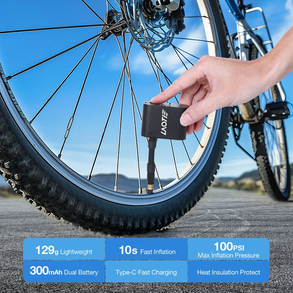 LAOTIE Z1 Mini Electric Bike-specific Air Pump 100PSI 300mAh Type-C Fast Rechargeable Portable Pocket Inflator with Silicone Case for Long Distance Cycling Rapid Tire Emergency Inflation