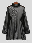 Mens Sheer Mesh See Through High Neck Long Sleeve T-Shirt