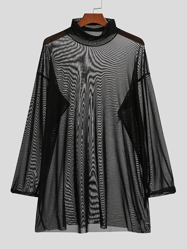 Mens Sheer Mesh See Through High Neck Long Sleeve T-Shirt