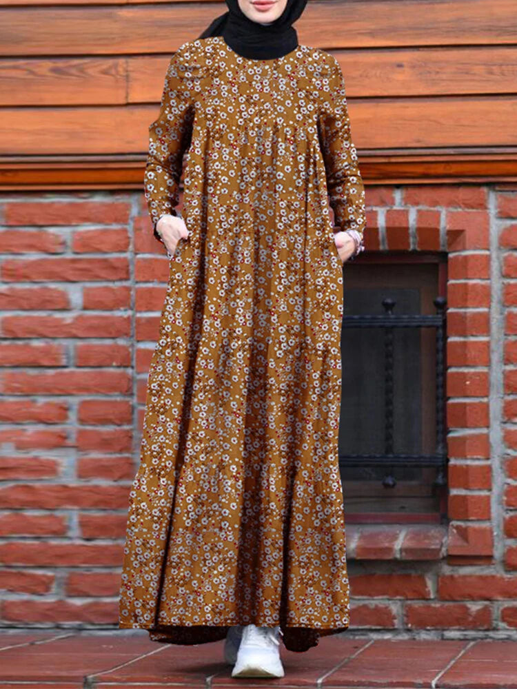 ZANZEA Plus Size Women Long Dress Floral Print Tiered Dress O-Neck Casual Maxi Dress With Side Pocket
