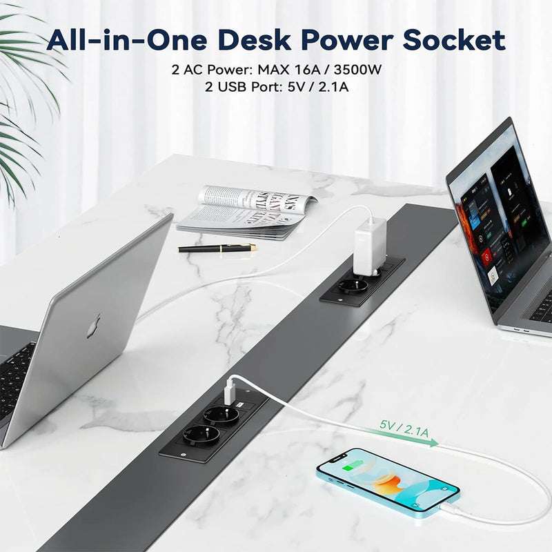 Table Socket with 2 USB 2 Sockets Built-in Socket 2-Way Installation Power Strip with 2 Screws for Kitchen Furniture or Worktops Recessed Socket 1.8 Cable16 A/3500 W