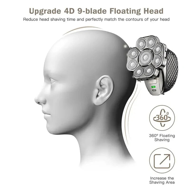 6-in-1 Men's Bald Head Electric Shaver and Trimmer Kit Waterproof and Rechargeable Rotary Shaver with 9 Floating Blades Beard Nose Ear Hair Clipper Facial Brush Quick Charging