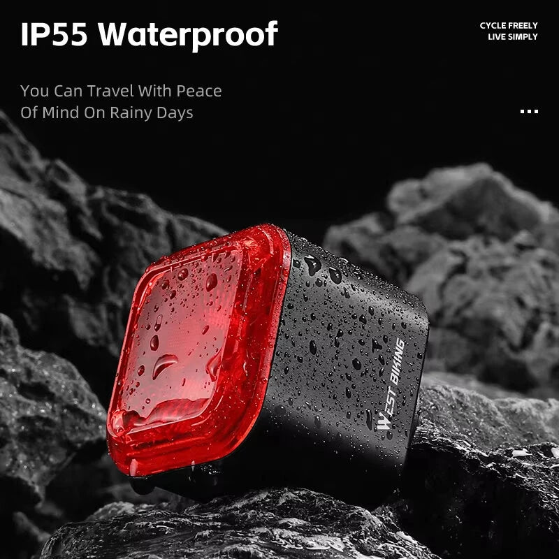 WEST BIKING Smart Brake Sensing Bicycle Taillight LED Digital Power Display Auto-stop Type-C 1100mAh Long Endurance Portable Bike Back Light for MTB Bike Road Bike Scooter