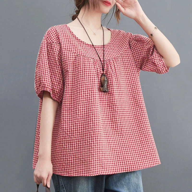 ZANZEA Women Plaid Blouses Shirt Trendy Casual Round Neck Top with Pleats Short Lantern Sleeves Shirt Loose Fit