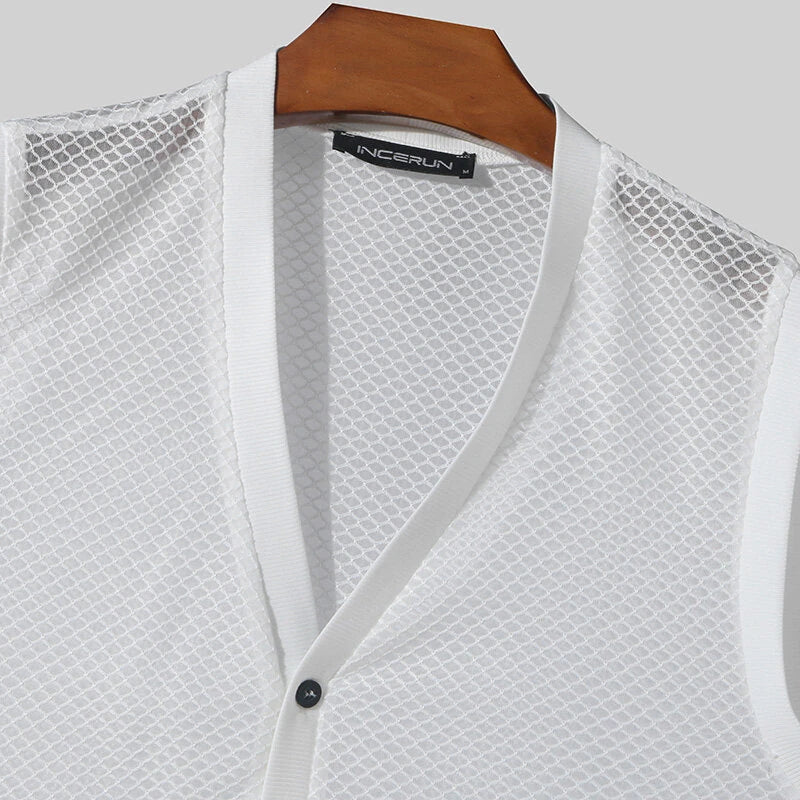 INCERUN Mens Tank Top Solid Color Hollow Out Vests Top Summer Cool Button Undershirt Top Fashion Male Clothing