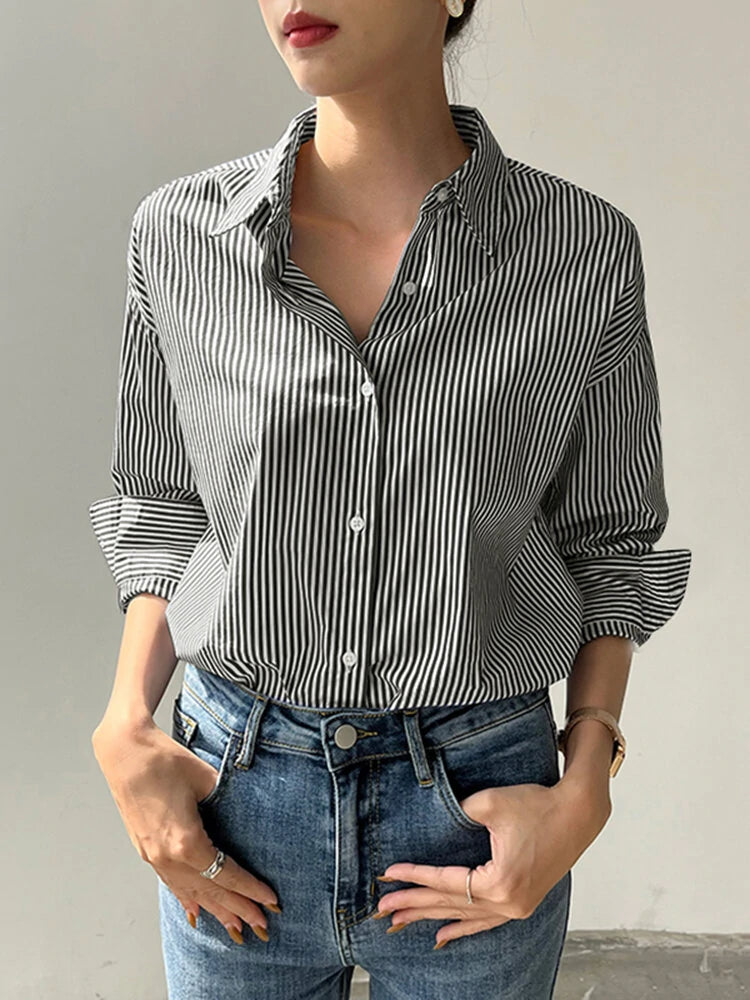 Stripe Print Long Sleeve Button Front Lapel Shirt