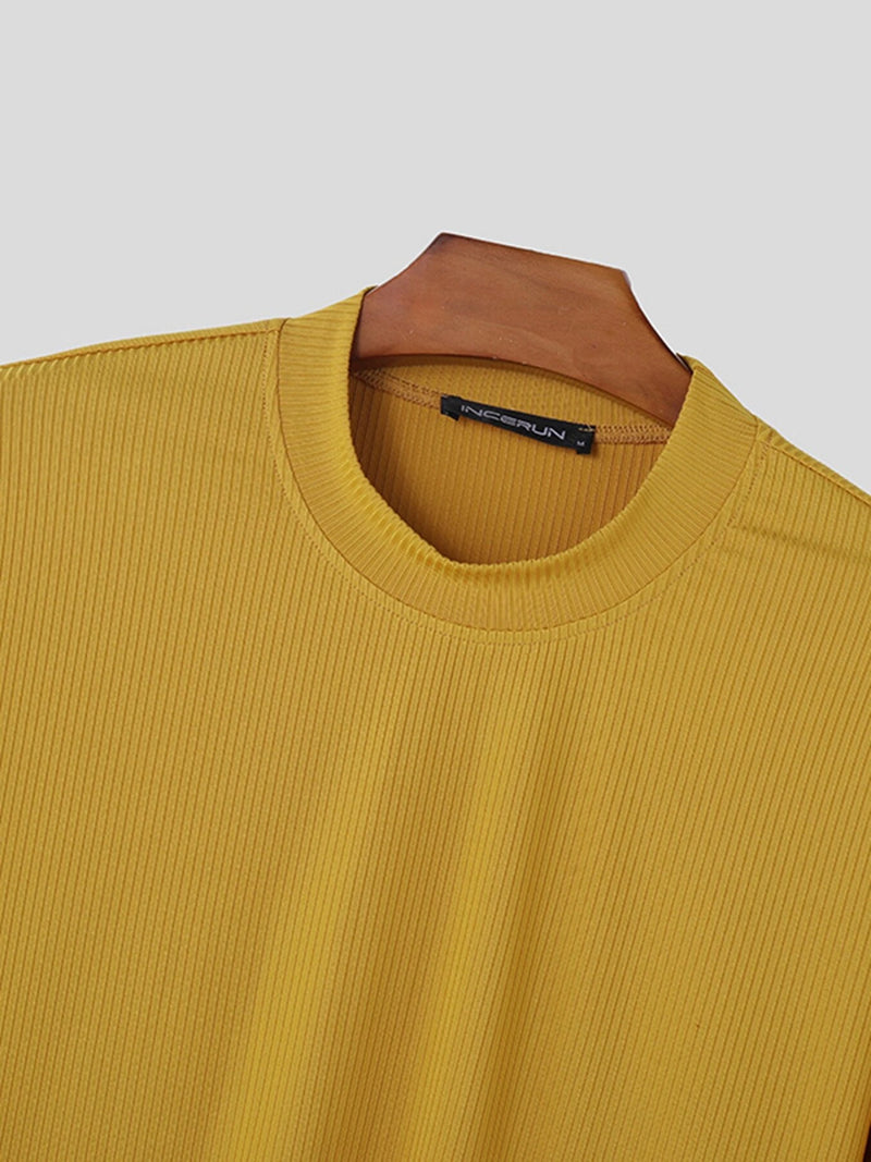 INCERUN Mens T-Shirt Solid Color Knitted Summer Casual Men Clothing Tops