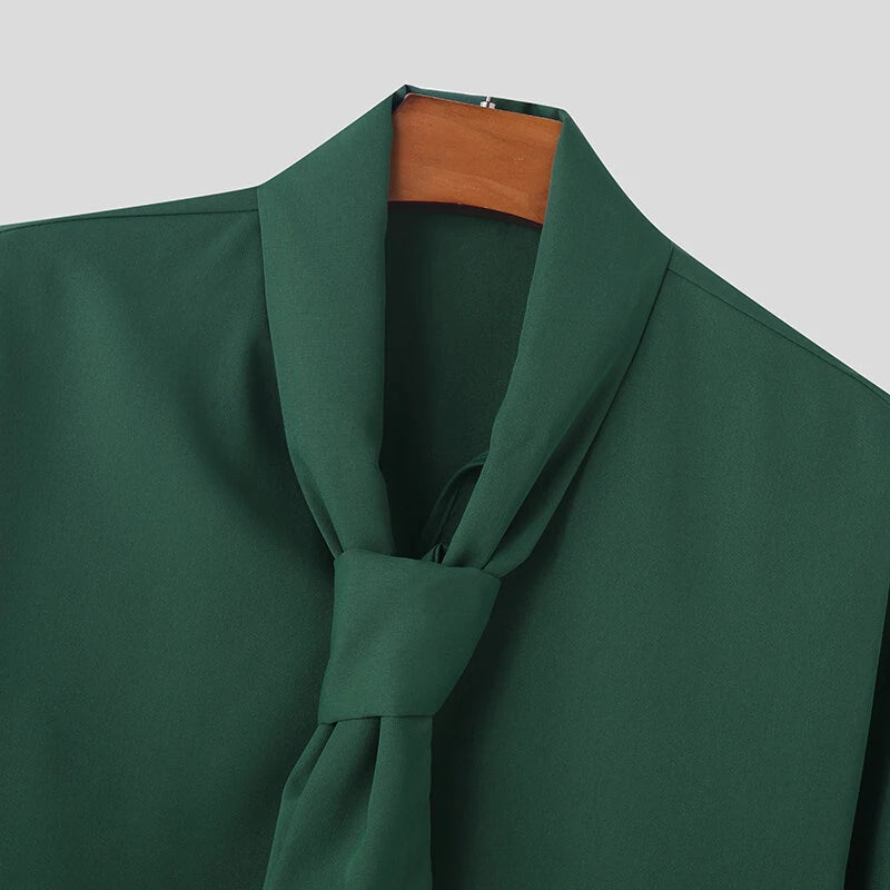 INCERUN Mens Solid Color Tie Design Long-Sleeve Shirt Fashion Casual Top Shirt for Male