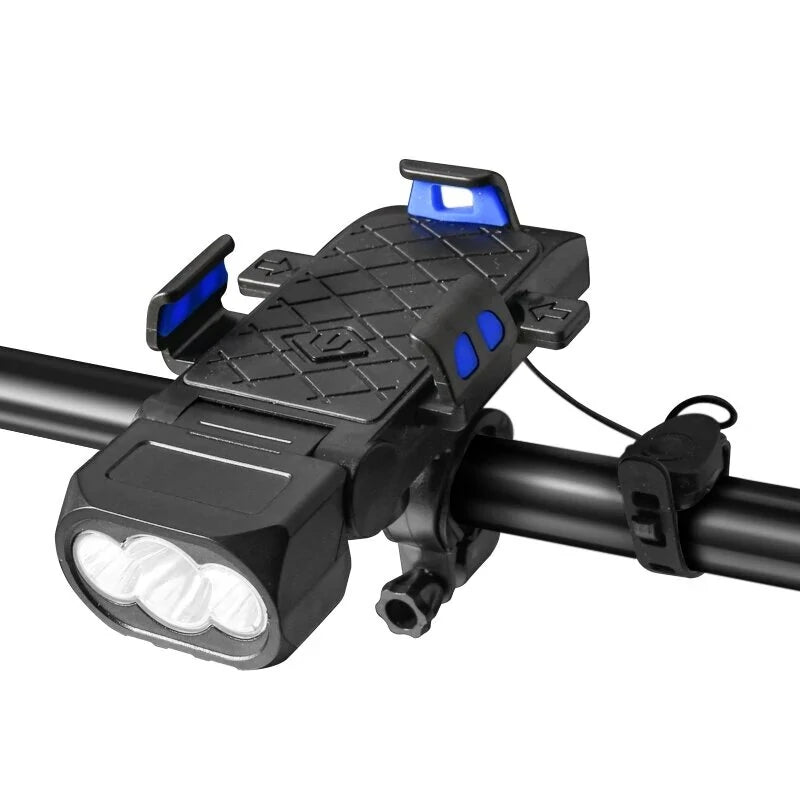 Xmund 4 in 1 500Lm Brightness Bike Headlight 3000mAh Battery IPX6 Waterproof 3 Light Modes 120 Rotation Power Bank Phone Holder with 130db Horn for Night Cycling