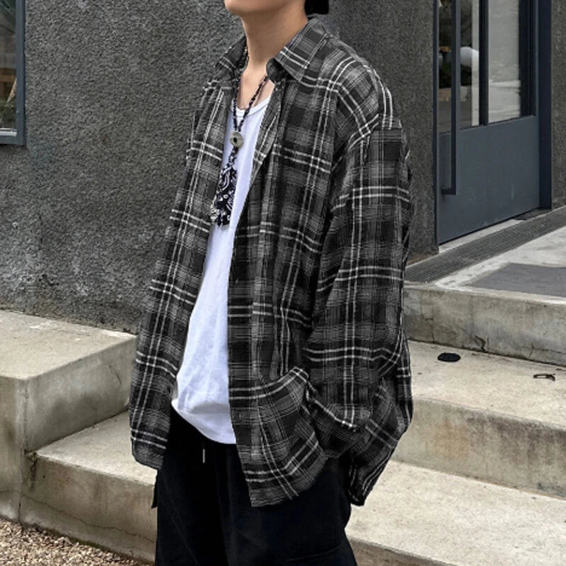 INCERUN Classic Black White Plaid Design Men's Casual Long Sleeve Shirt, Men's Button Up Shirt for Daily Occasions