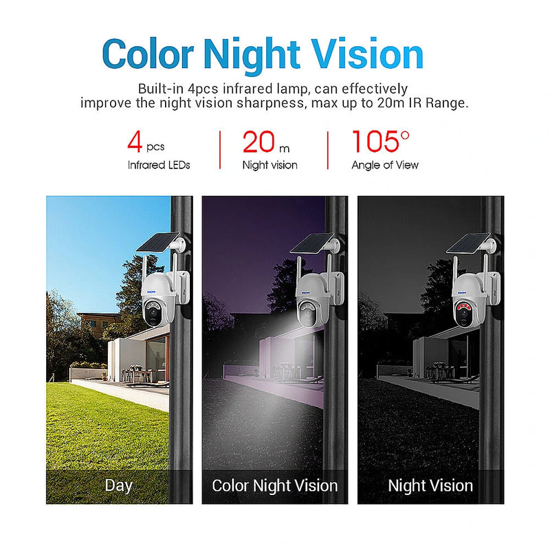 ESCAM QF103 3MP WiFi IP Camera Wireless PTZ Solar Panel Battery Cam Intelligent Night Vision Human Detection Two-way Audio IP66 Waterproof PIR Alarm Camera for Home Safety