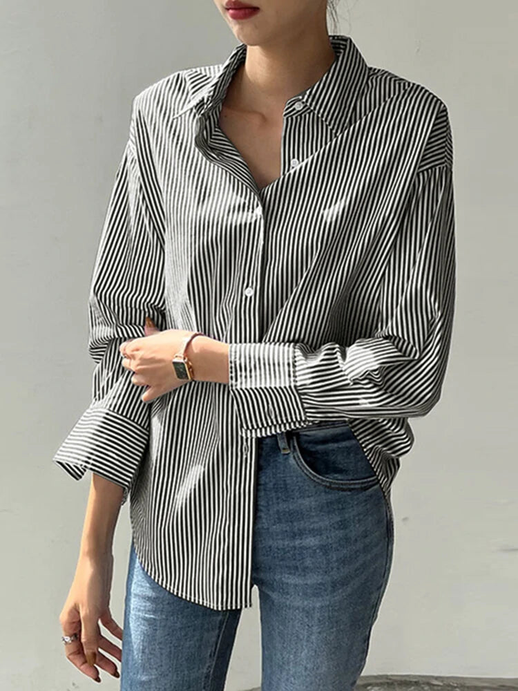 Stripe Print Long Sleeve Button Front Lapel Shirt