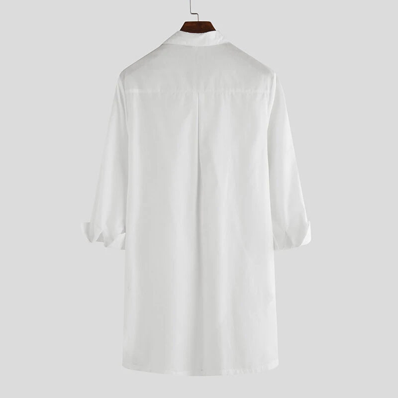 Men Solid Color Asymmetric Hem Long Sleeve Lapel Collar Shirt