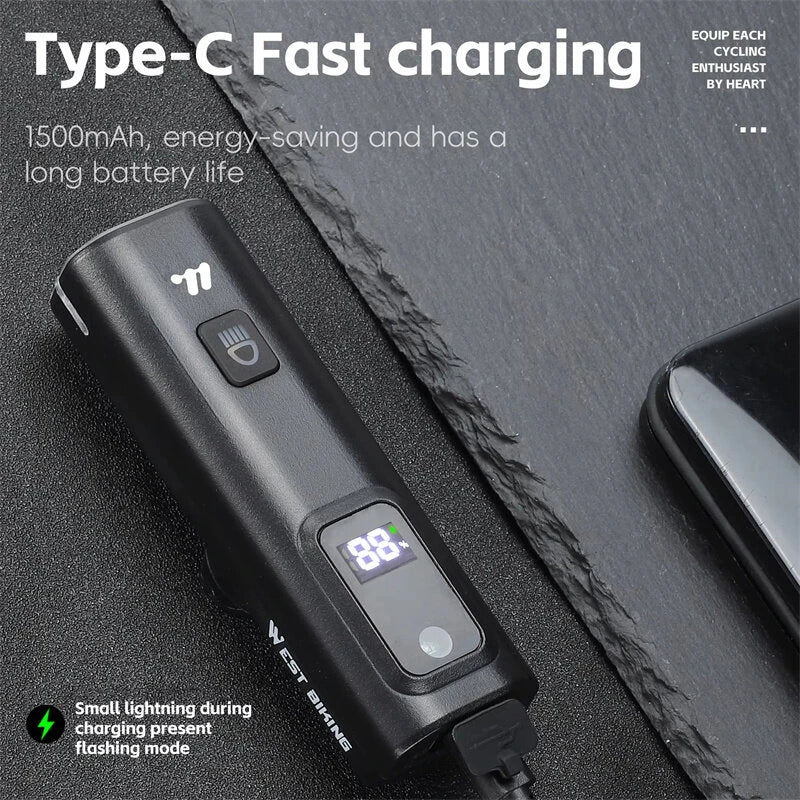 WEST BIKING Smart LED Digital Display Bike Headlight 1500mAh Battery Type-C Charging Waterproof Mini Portable Bicycle Front Light for MTB Bike Road Bike Flashlight