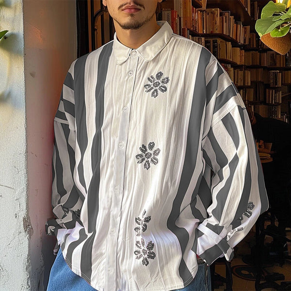 INCERUN Mens Floral Print Striped Long Sleeve Shirt Fashion Casual Button Up Lapel Top for Male Loose Fit S-5XL