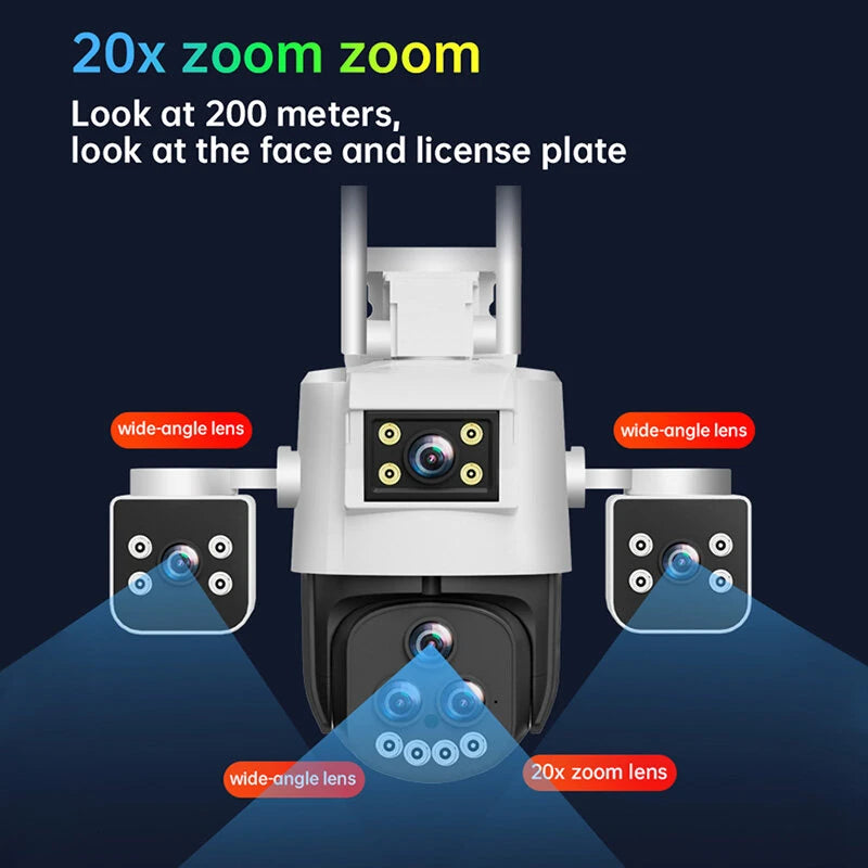 5 Lens Panoramic Surveillance Camera 20x Optical Zoom 360 PTZ 200W Pixel WiFi Camera Color Night Vision AI Human Detection 2-Way Audio Cameras for Home Security