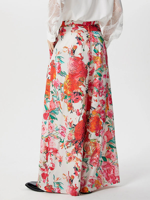 INCERUN Mens Pant High Rise Lace Up Long Trousers Fashion Flowers Print Wide Leg Pants Leisure Men Bottoms