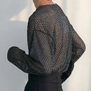 INCERUN Mens T-shirt Hollow Out Loose Fit Tee Fashion Casual Black T Shirt Summer Comfy Round Neck Long Sleeve Top