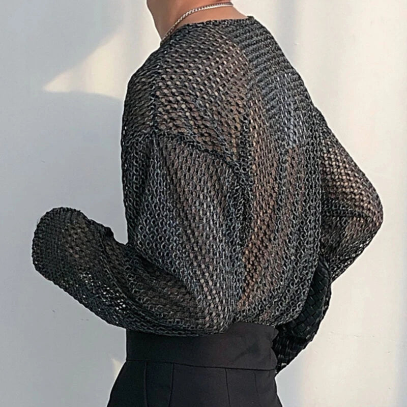 INCERUN Mens T-shirt Hollow Out Loose Fit Tee Fashion Casual Black T Shirt Summer Comfy Round Neck Long Sleeve Top