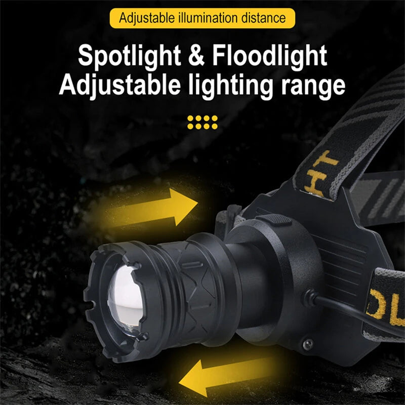 SEEKNITE 500M Distance Smart Sensor LED Headlamp Spotlight/Floodlight Zoom, Yellow/White Light Adjusted, Type-C Rechargeable, Fishing Camping Running Working Headlight Long Shot Head Flashlight