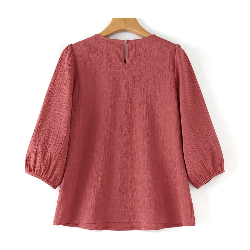 ZANZEA Women's Blouse Casual Lantern Sleeve Round Neck Shirt Plain Party Commute Pullover Tops