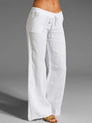 Wide Leg Women Loose Cotton Pure Color Elastic Waist Trousers Pants