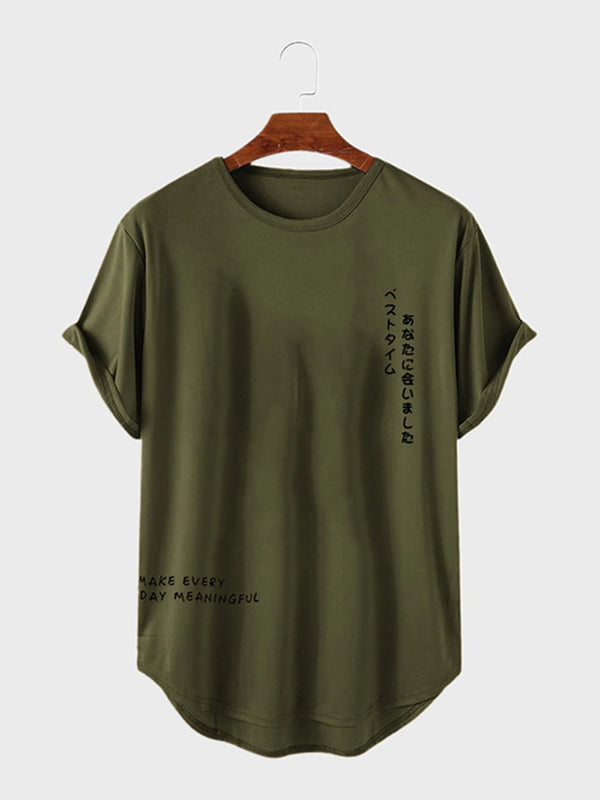 ChArmkpR Mens T-shirts Japanese Letter Print Curved Hem Casual Short Sleeve Tshirts