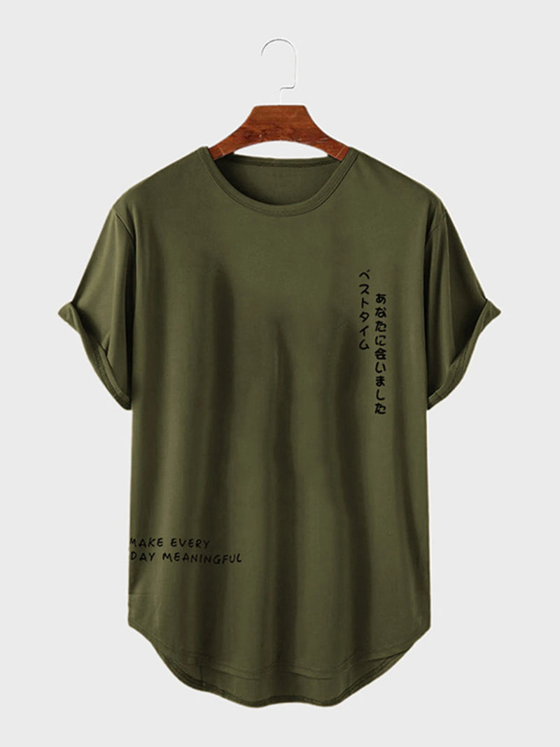 ChArmkpR Mens T-shirts Japanese Letter Print Curved Hem Casual Short Sleeve Tshirts