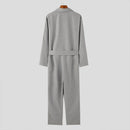 INCERUN Mens Double-Breasted Long Sleeve Jumpsuit Fashion Solid Color Waist Lace Up Suit Jumpsuit Long Top Pant