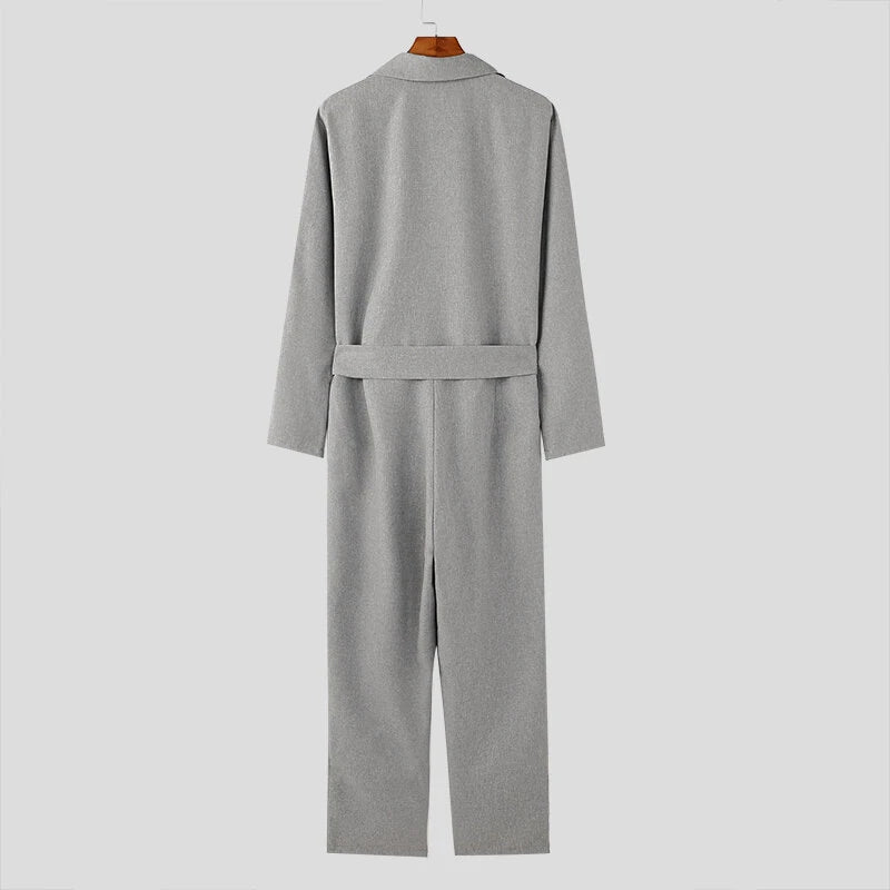 INCERUN Mens Double-Breasted Long Sleeve Jumpsuit Fashion Solid Color Waist Lace Up Suit Jumpsuit Long Top Pant