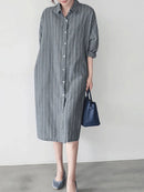 Stripe Button Lapel Casual Cotton Shirt Dress